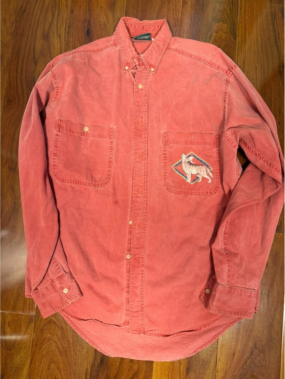 Coldwater Creek Rust Pink Cotton Twill Wolf Embroidered Button-Up Shirt S Men